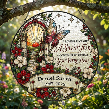 Personalized Butterfly Sunrise Pathway A Silent Tear Memorial Stained Glass Round Suncatcher