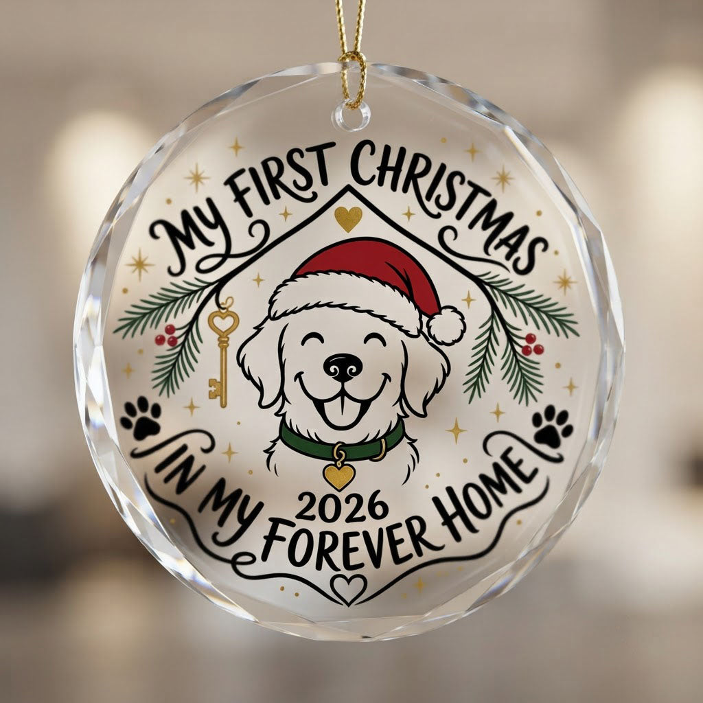 My First Christmas in My Forever Home Golden Puppy Round Glass Ornament