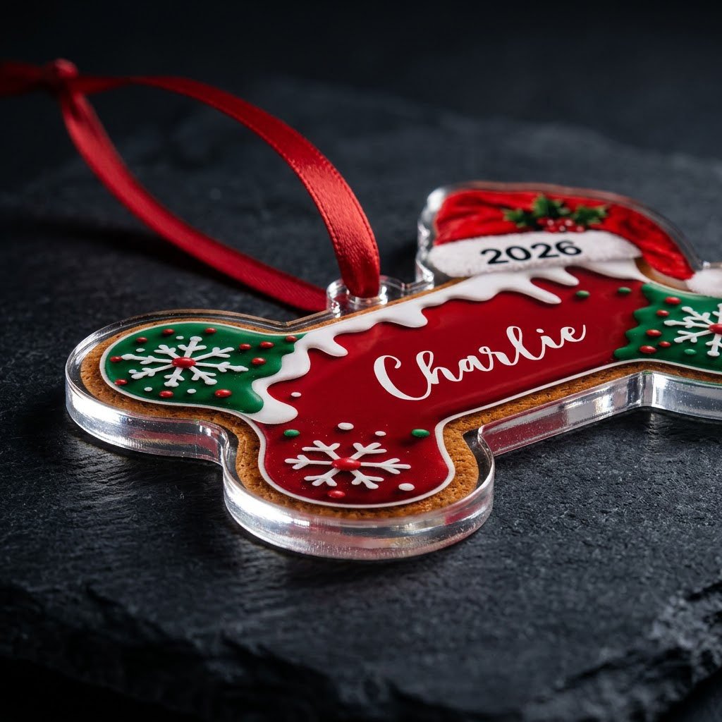 Acrylic ornament shaped like a gingerbread dog bone with Santa hat, white icing, snowflakes, and red-green sprinkles.