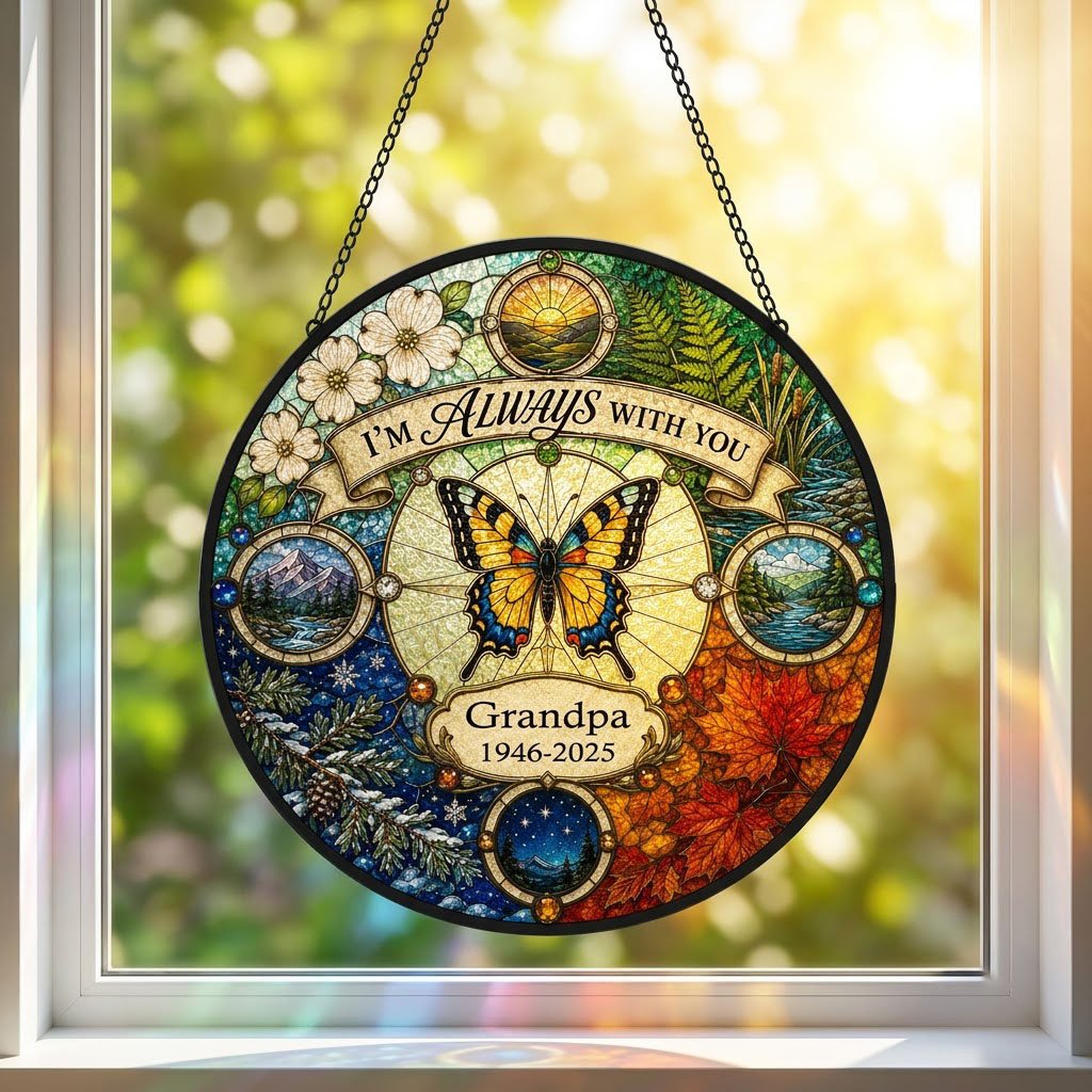 Personalized Butterfly Four Seasons Memorial I'm Always With You Stained Glass Round Suncatcher