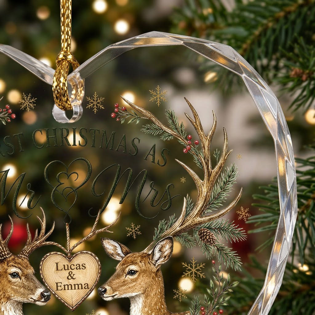 Personalized First Christmas as Mr & Mrs Deer Antlers Red Truck Heart Glass Ornament