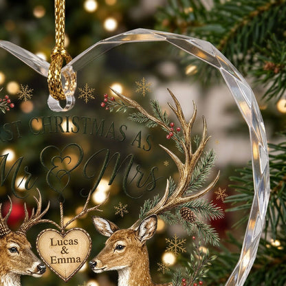 Personalized First Christmas as Mr & Mrs Deer Antlers Red Truck Heart Glass Ornament