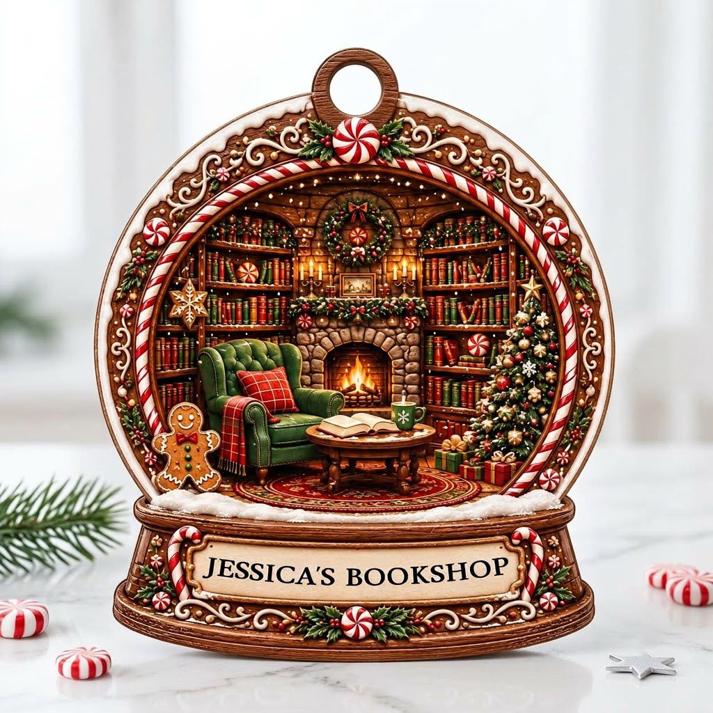 Snow globe ornament with candy-cane frame, cozy book-filled library, fireplace, tree, and 'JESSICA'S BOOKSHOP' nameplate