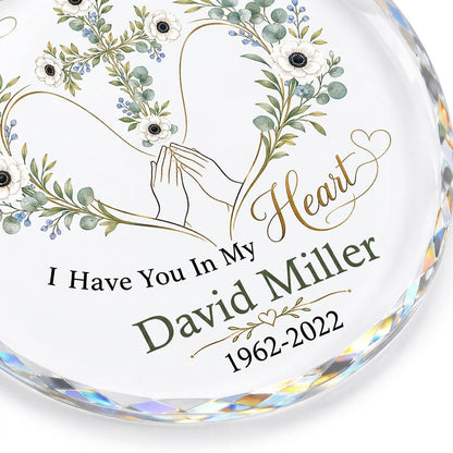 Personalized Praying Hands Botanical Cross Memorial God Has You In His Arms Round Glass Ornament