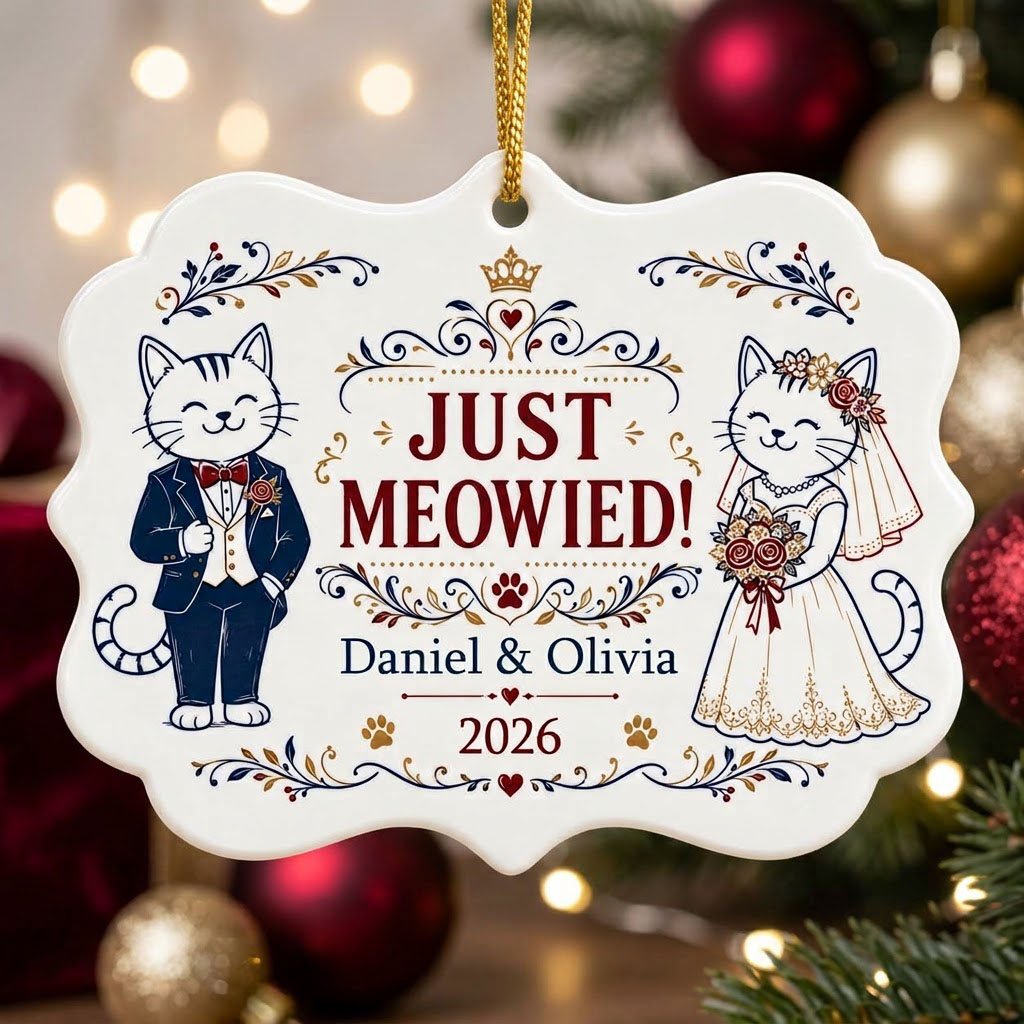 Medallion ceramic ornament with cat bride and groom, gold crown, floral scrolls, red hearts and paw prints on white.