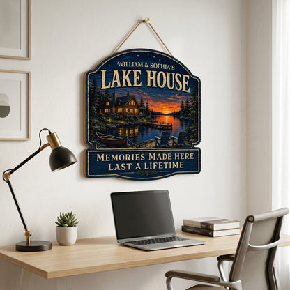 Personalized Lake House Night Sunset Wooden Hanging Sign