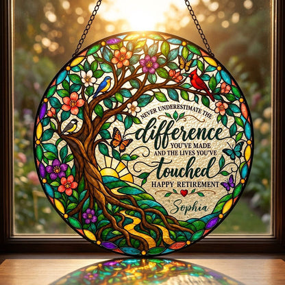 Personalized Retirement Tree of Life Songbirds Never Underestimate The Difference Happy Retirement Stained Glass Round Suncatcher