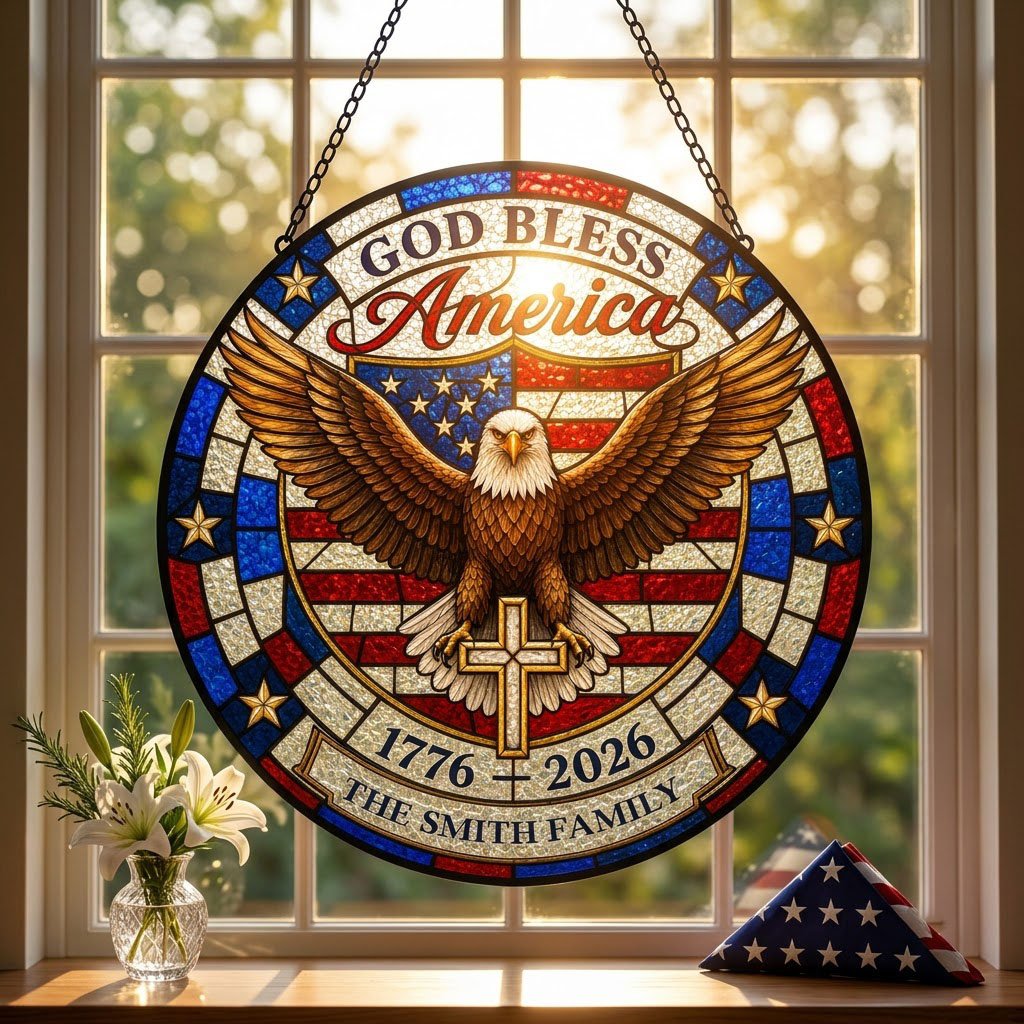 Round stained glass-look suncatcher with a bald eagle over a gold cross and an American flag shield with family name.