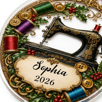 Personalized Vintage Sewing Machine Acrylic Ornament, Custom Quilter Seamstress Holiday Keepsake