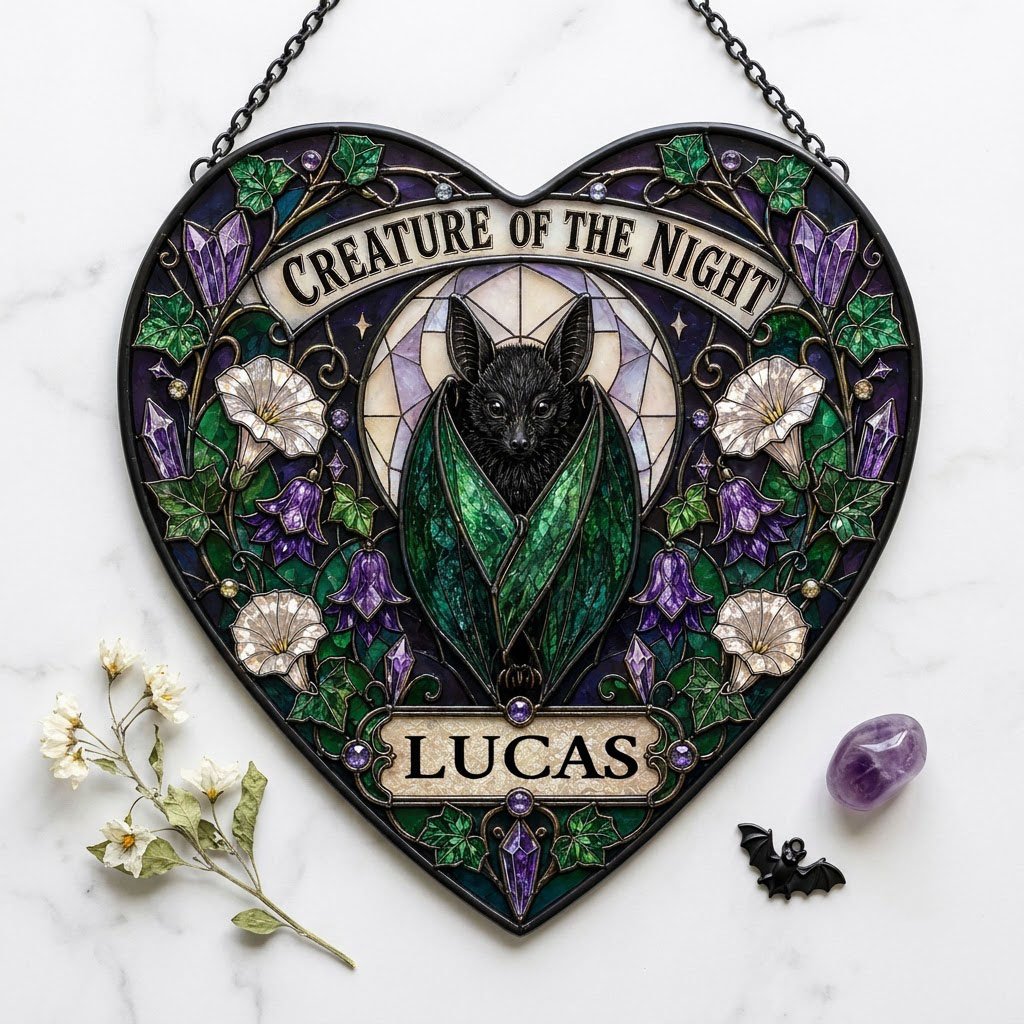 Heart stained glass suncatcher with a black bat over a moon, ivy, white morning glory flowers, purple bellflowers, and c