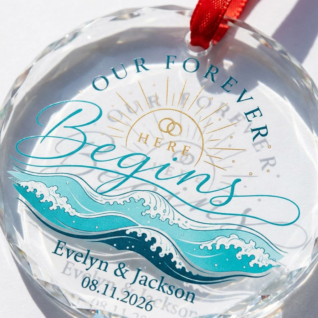 Round glass ornament with gold sun, interlocking rings, teal ocean waves, and 'OUR FOREVER HERE Begins' text.