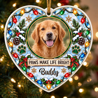 Heart ceramic ornament with dog photo frame, “PAWS MAKE LIFE BRIGHT”, lights, pine branches, paw prints, and red ribbon 
