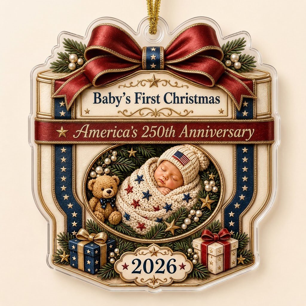 Personalized America 250th Baby's First Christmas Gift Box Acrylic Ornament, Custom Patriotic Keepsake