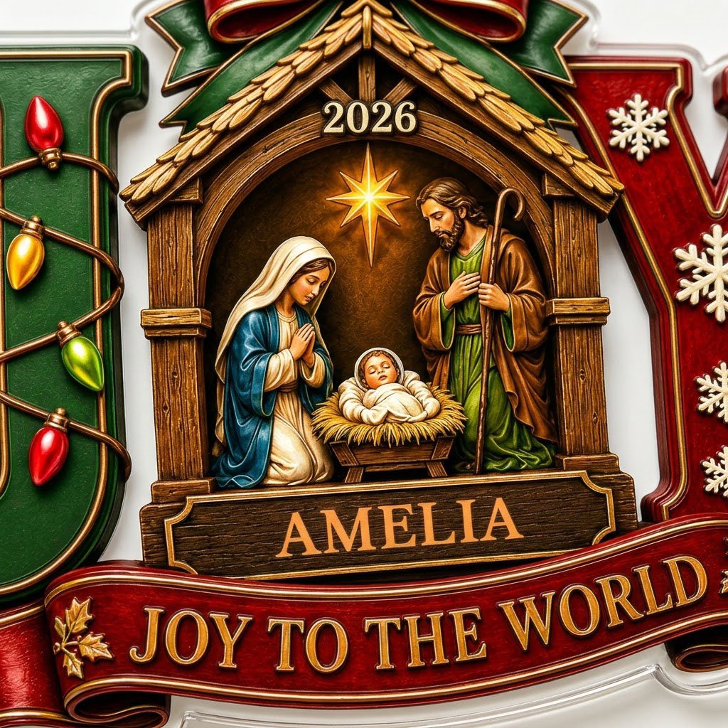 Personalized Nativity Scene JOY Acrylic Ornament, Custom Christian Holy Family Christmas Keepsake