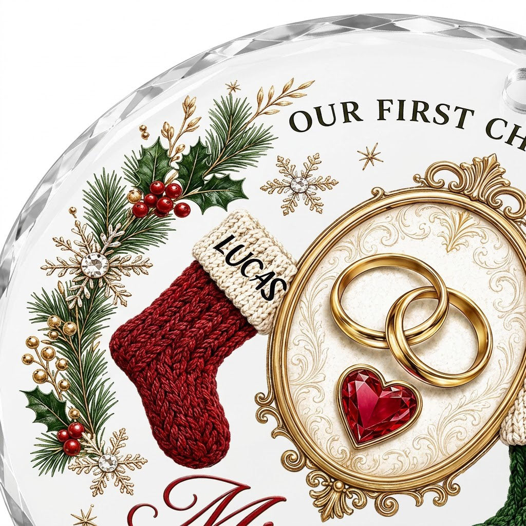 Round glass ornament with gold rings, red heart gem, red and green stockings, pine branches and Mr & Mrs text.