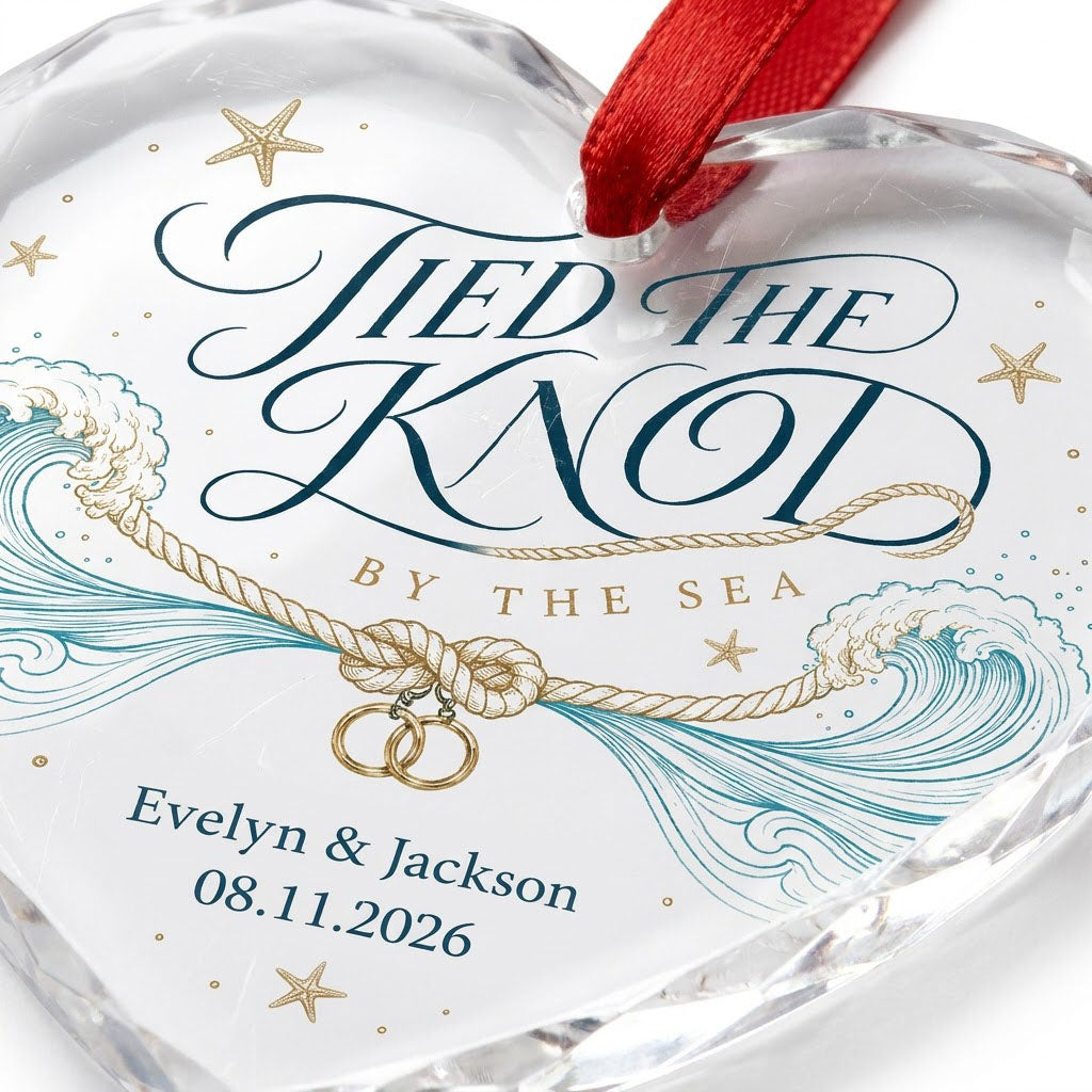 Personalized Tied the Knot by the Sea Beach Wedding Heart Glass Ornament