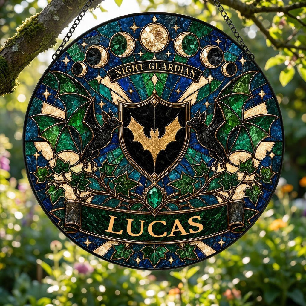 Round stained-glass suncatcher with gold bat shield, two black bats, moon phases, emerald gem, ivy and starbursts.
