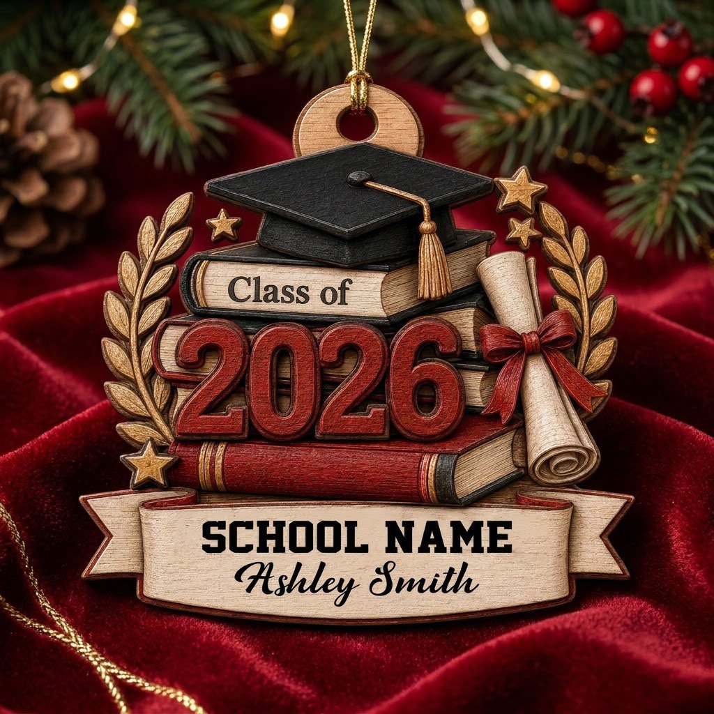Graduation cap with gold tassel atop books, large 2026 numbers, a red-tied diploma, laurel leaves, stars, and a bottom b