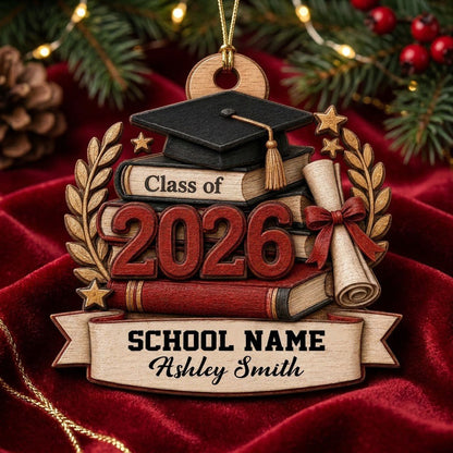 Graduation cap with gold tassel atop books, large 2026 numbers, a red-tied diploma, laurel leaves, stars, and a bottom b
