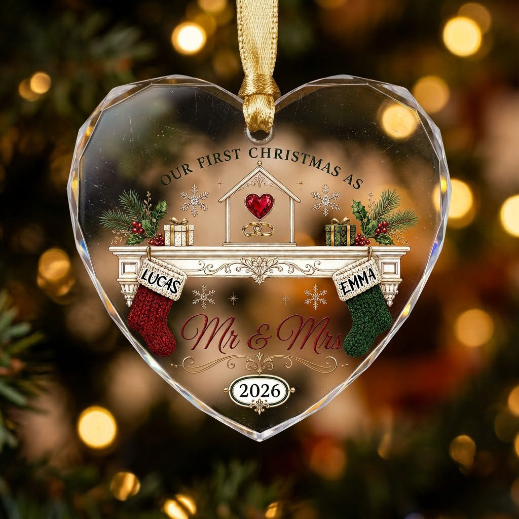 Personalized Our First Christmas as Mr & Mrs Fireplace Stockings Heart Glass Ornament
