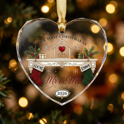 Personalized Our First Christmas as Mr & Mrs Fireplace Stockings Heart Glass Ornament