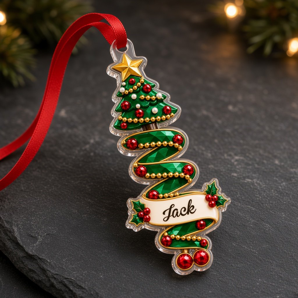 Custom-cut acrylic ornaments with a cartoon nutcracker and a praying angel wrapped in decorative ribbons.