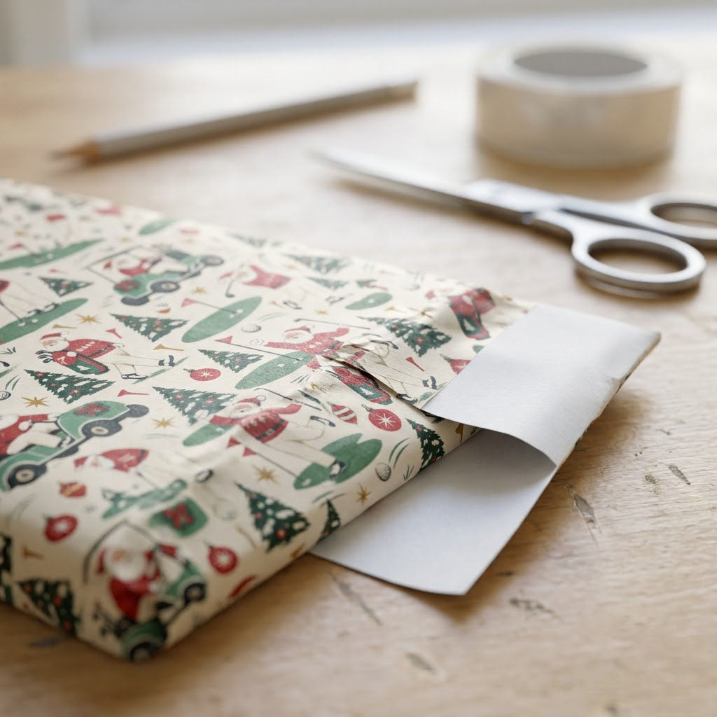 Wrapping paper with Santa Claus golfing, golf carts, trees, ornaments and golf gear on a cream background.