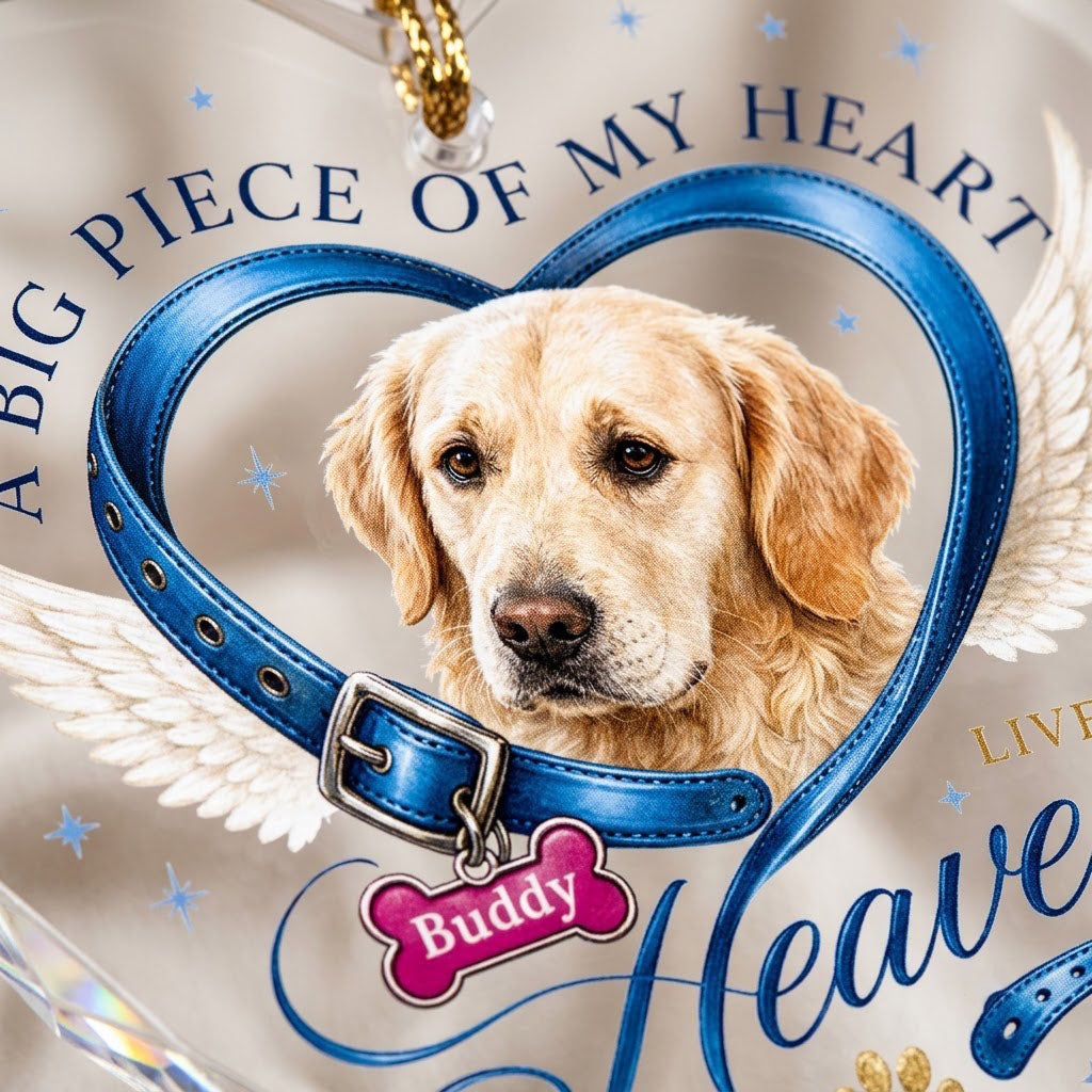 Personalized Dog Memorial Photo Collar Angel Wings Heart Glass Ornament