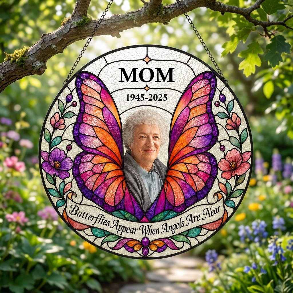 Round stained-glass suncatcher with butterfly wings, purple and pink flowers, a photo arch and a name banner.