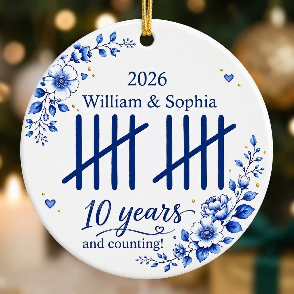 White round ceramic ornament with blue florals, tally marks, and 'years and counting!' plus names and year