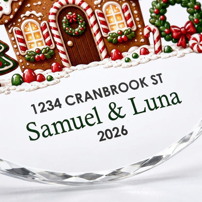 Personalized Our First Christmas at Home Gingerbread Cottage Round Glass Ornament