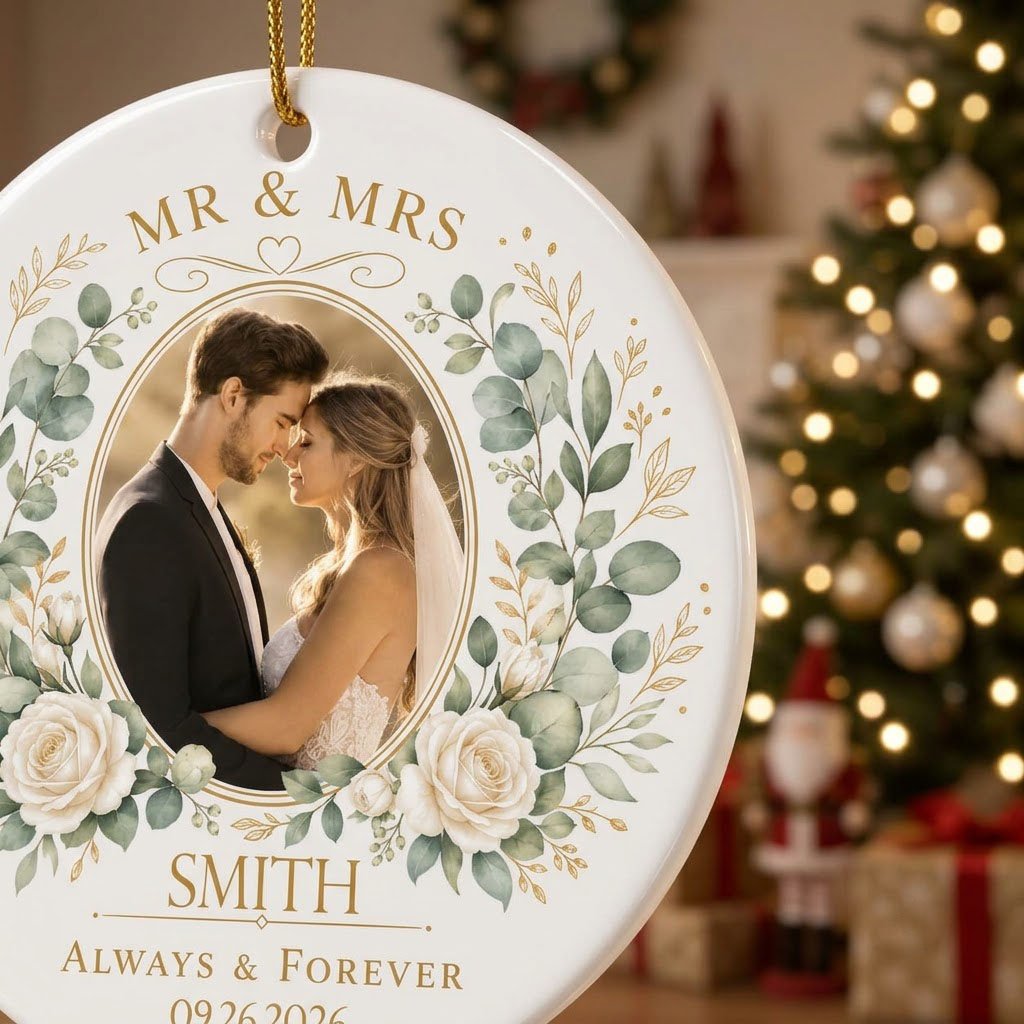 Round ceramic ornament with eucalyptus and white rose wreath, gold accents, MR MRS ALWAYS & FOREVER, photo, surname, and