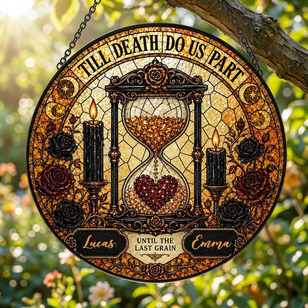 Personalized Gothic Hourglass Till Death Do Us Part Stained Glass Round Suncatcher