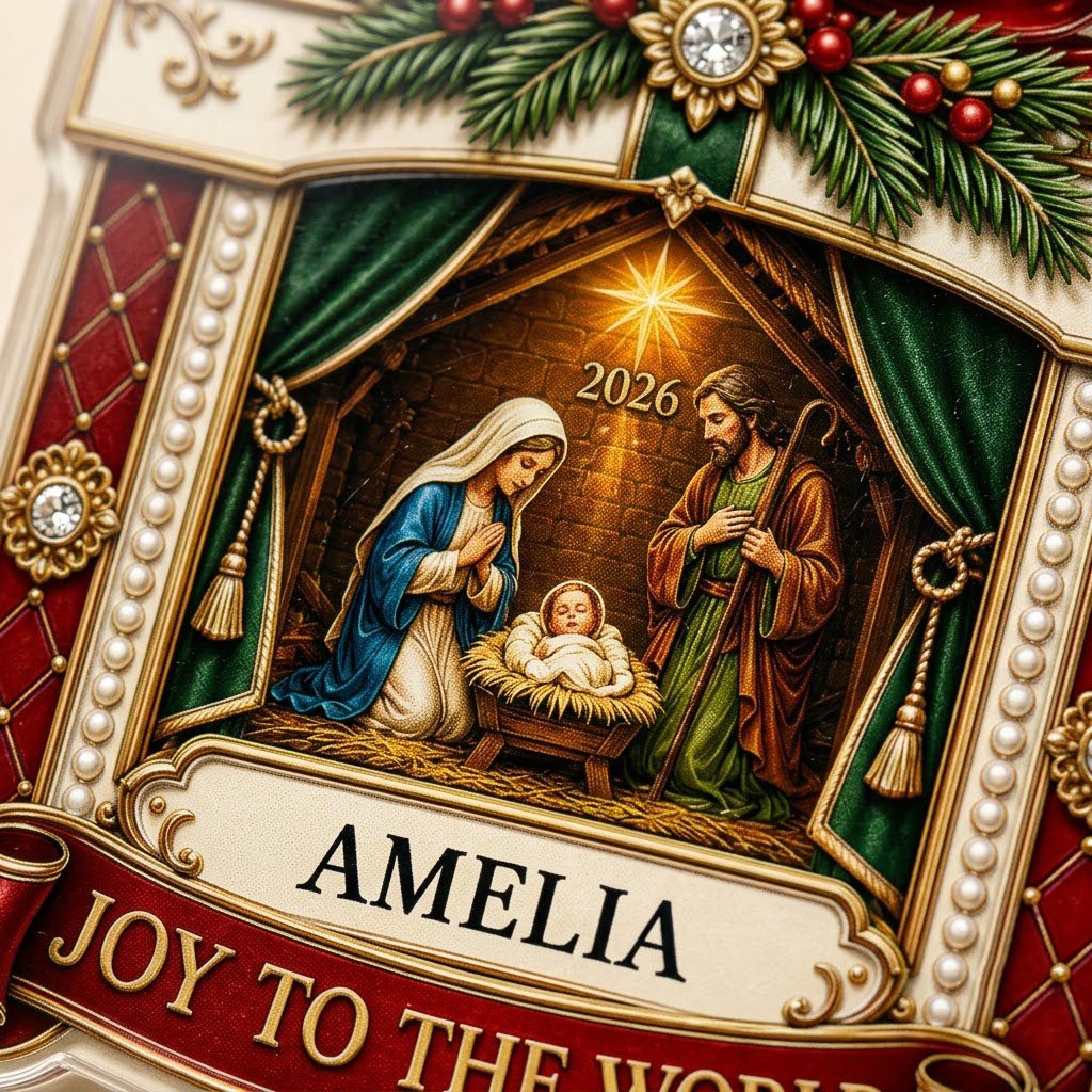 Personalized Nativity Scene Gift Box Acrylic Ornament, Custom Christian Holy Family Christmas Keepsake