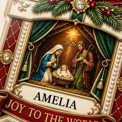 Personalized Nativity Scene Gift Box Acrylic Ornament, Custom Christian Holy Family Christmas Keepsake