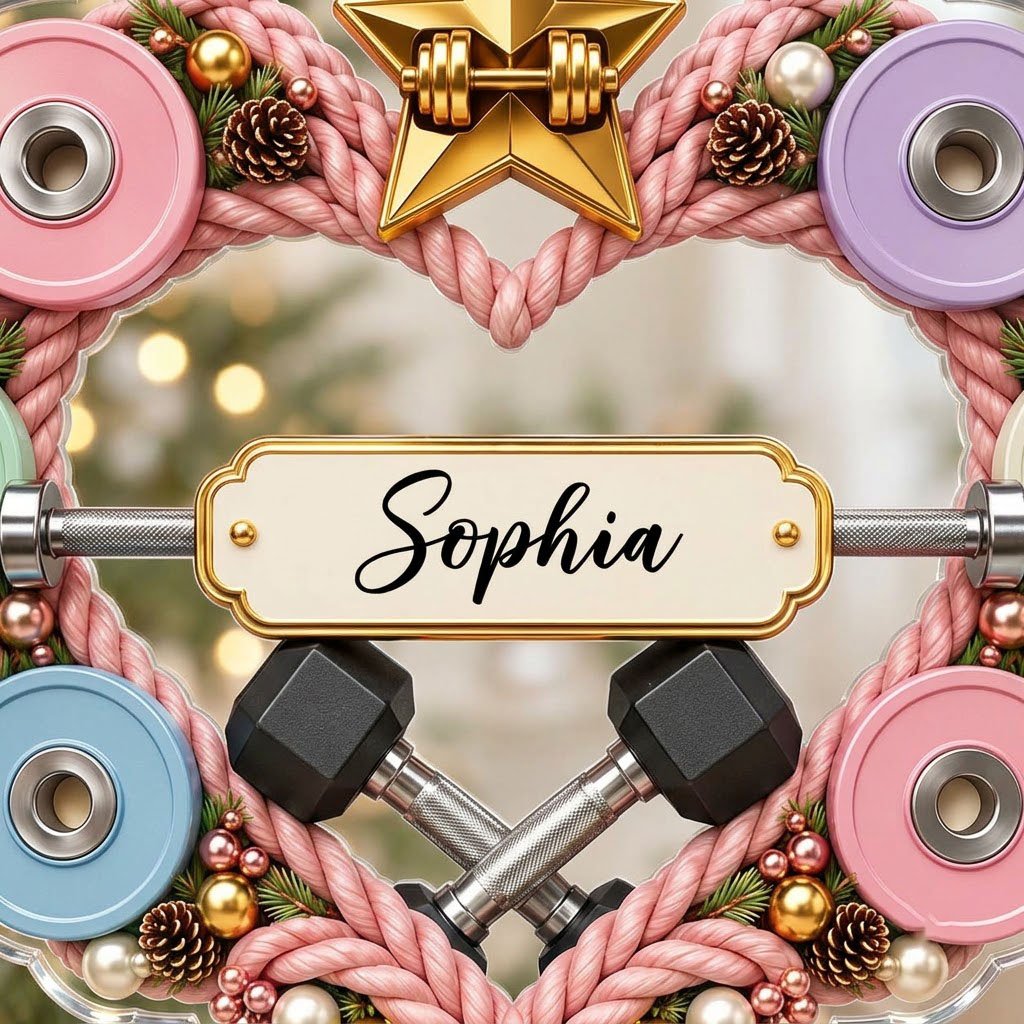 Clear acrylic heart ornament with pink rope wreath, pastel plates, barbell, crossed dumbbells, and a name plaque.