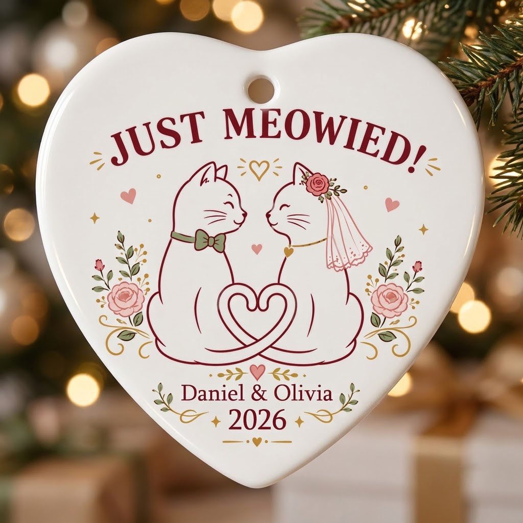 Two white cats with bow tie and bridal veil under JUST MEOWIED with roses and stars on a heart ceramic ornament.