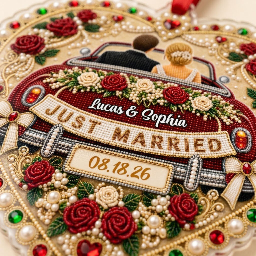 Personalized Just Married Vintage Car Heart Acrylic Ornament