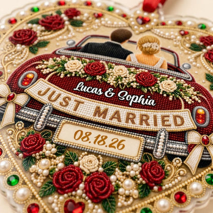Personalized Just Married Vintage Car Heart Acrylic Ornament