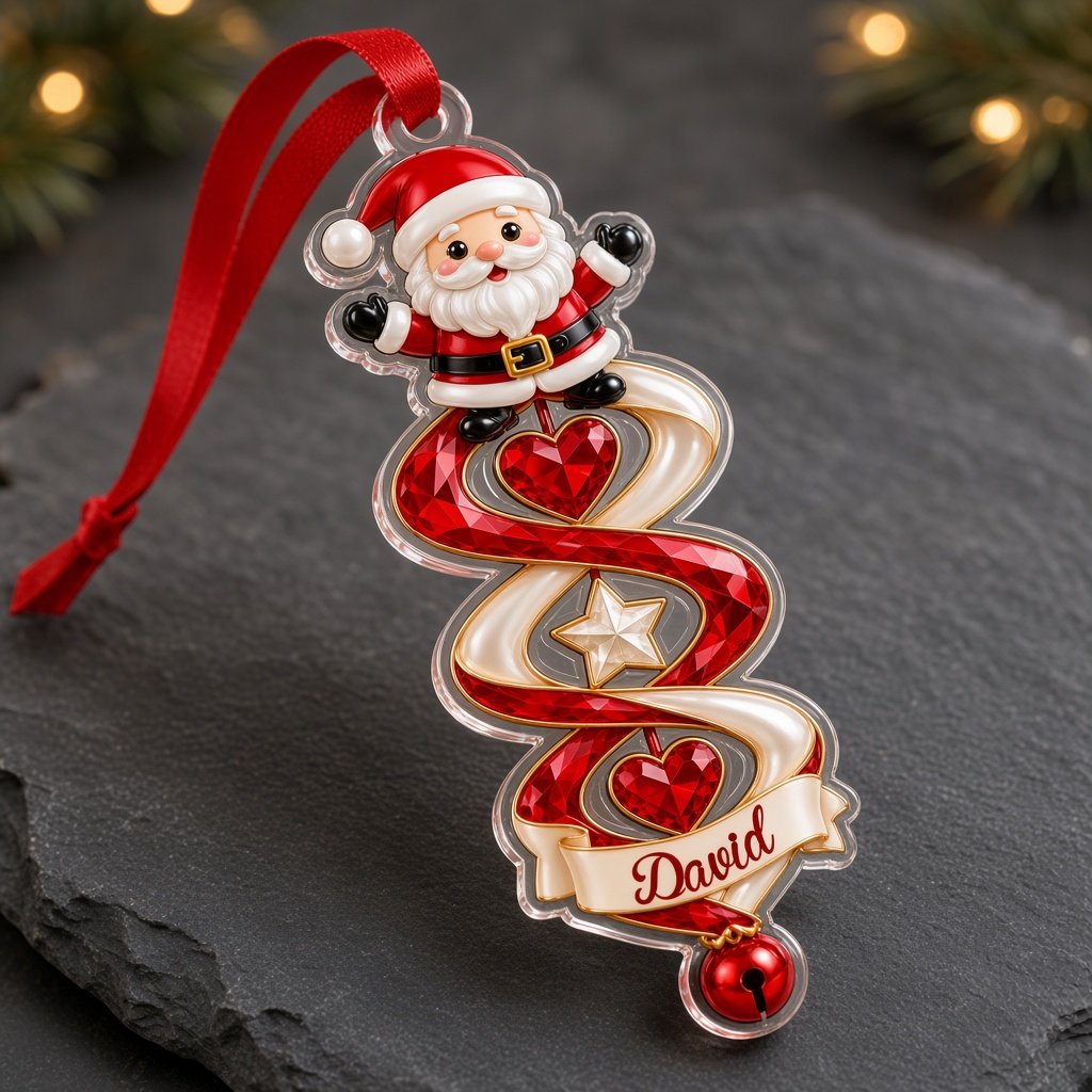 Custom-cut acrylic ornament with snowman or Christmas tree, spiral ribbon, gem hearts, and a name banner with bell.