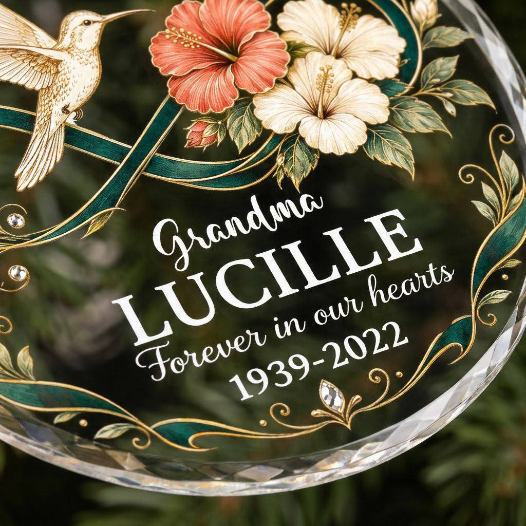 Round glass ornament with hummingbird, hibiscus, green infinity ribbon, and 'Your Love Still Blooms Here' text.