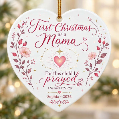 Heart ceramic ornament with pink florals, radiant pink heart, gold star, and First Christmas as a Mama text with name an