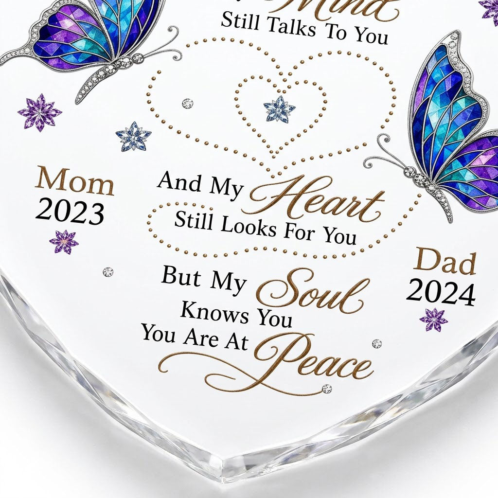 Heart glass ornament with two stained-glass butterflies, dotted heart trails, snowflakes, and a memorial quote.