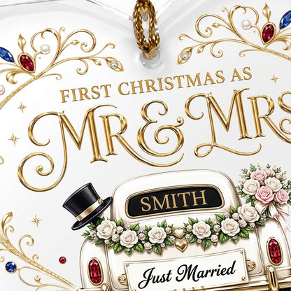 Personalized First Christmas as Mr & Mrs Vintage Getaway Car Heart Glass Ornament