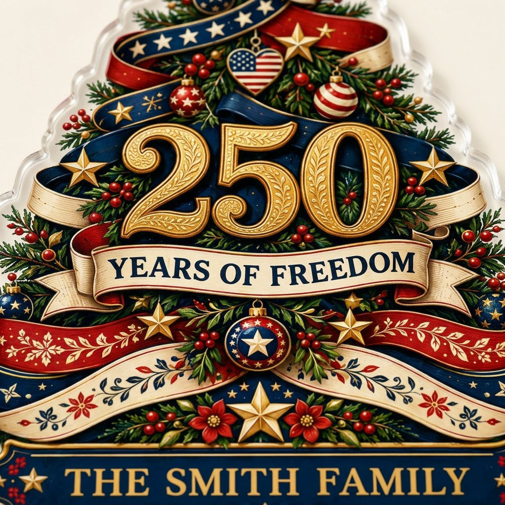 Personalized America 250th Christmas Tree Acrylic Ornament, Custom Patriotic Holiday Keepsake