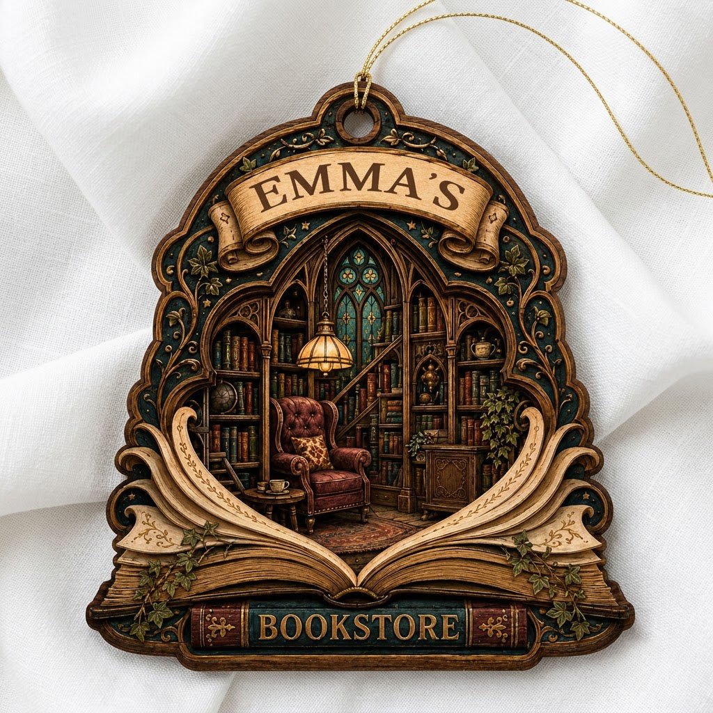 Arched wood ornament with an open-book frame, vintage library scene, ivy accents, and BOOKSTORE text with a personalized