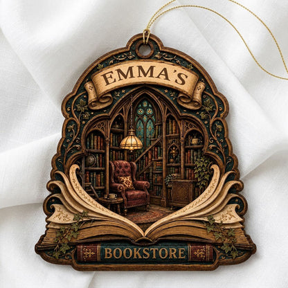 Arched wood ornament with an open-book frame, vintage library scene, ivy accents, and BOOKSTORE text with a personalized