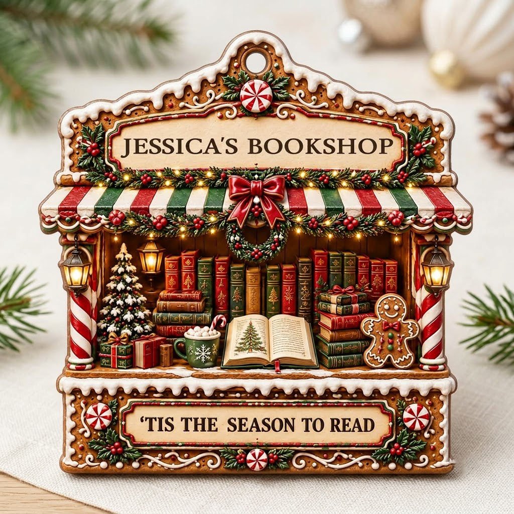 Gingerbread bookstore facade ornament with striped awning, wreath, books, lanterns, and 'TIS THE SEASON TO READ' text.