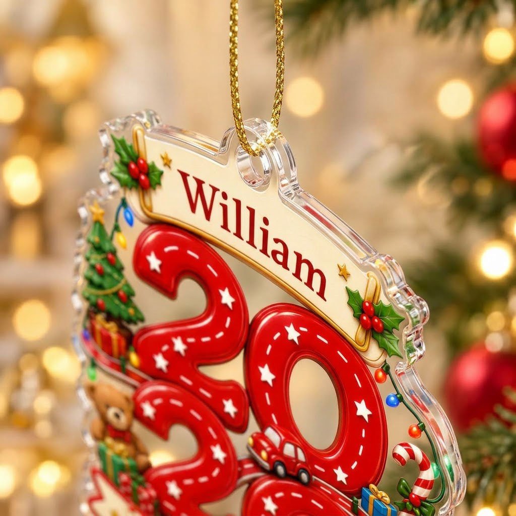 Custom-cut acrylic ornament with 'Baby's 1st Christmas', road-style 2026, holly banners, teddy bear and toy car.