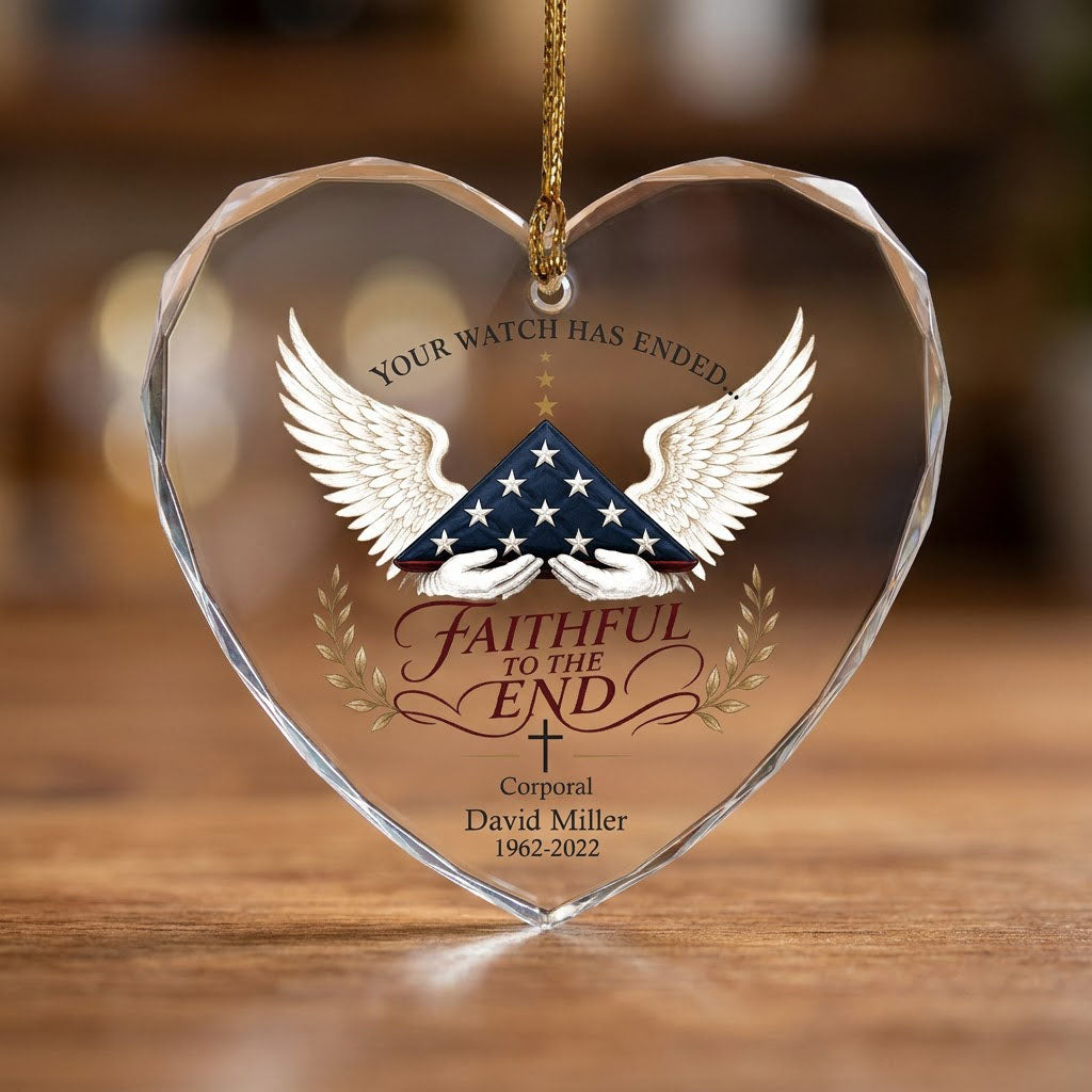 Personalized Police Memorial Your Watch Has Ended Folded Flag Angel Wings Heart Glass Ornament